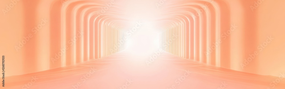 Obraz premium Ethereal corridor bathed in soft peach lights guiding toward a luminous exit at midday