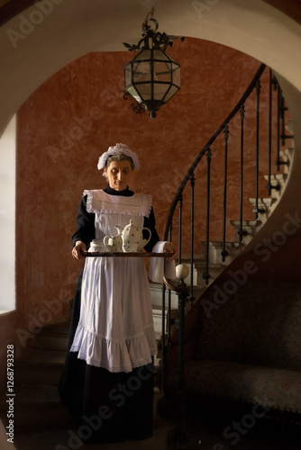 Schilderij op canvas Victorian chambermaid bringing tea