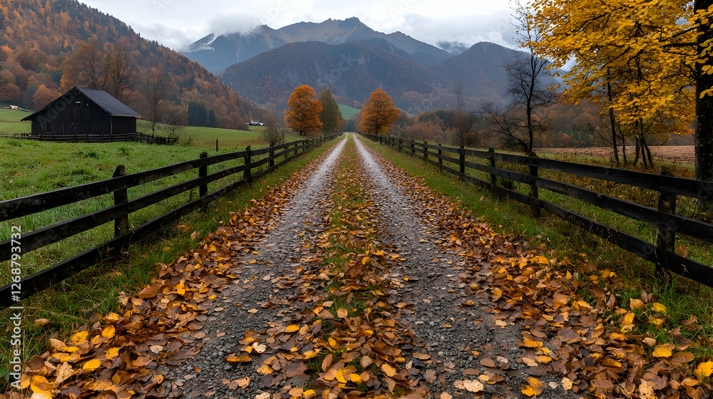 Fototapeta premium Autumnal road, mountain valley, leaves, fence, travel