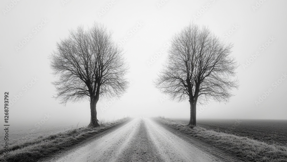 Foggy Road, Twin Trees, Rural Landscape, Winter Foggy Road, Twin Trees, Rural Landscape, Winter