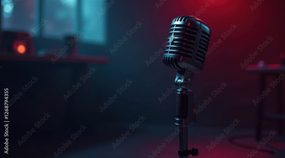 Obraz premium Retro Microphone in a Dimly Lit Studio Setting, Ready for a Performance or Recording Session