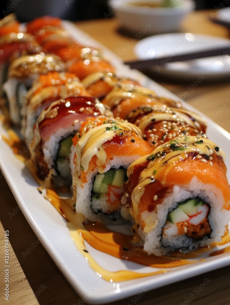 Close-up view of a vibrant plate of fresh sushi rolls topped with savory sauces served in a casual dining setting Close-up view of a vibrant plate of fresh sushi rolls topped with savory sauces served in a casual dining setting