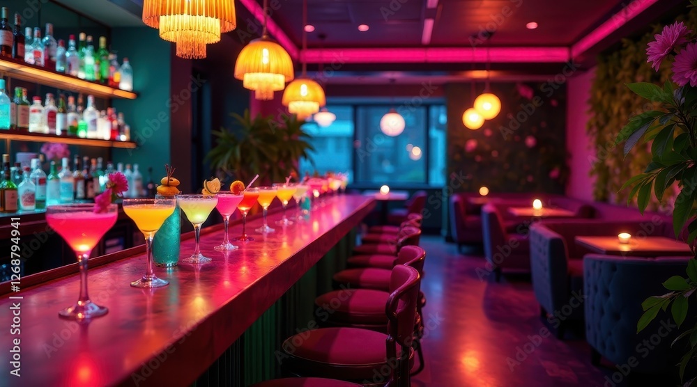 Fototapeta premium Vibrant Cocktails at a Stylish Evening Bar with Warm Lighting and Lush Greenery