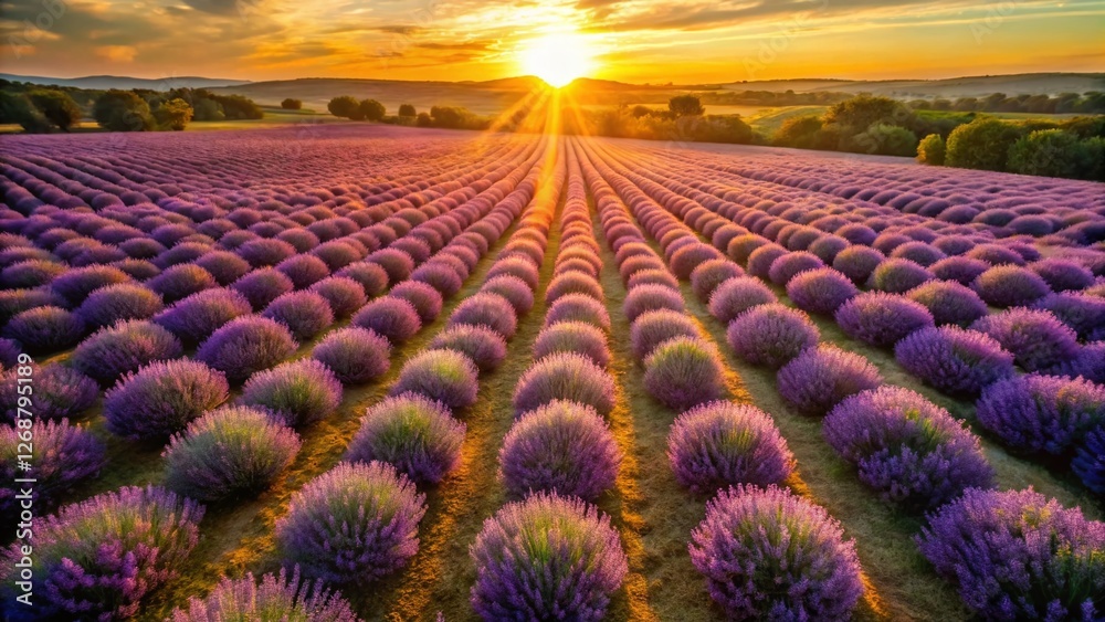 Fototapeta premium Aerial View of Lavender Fields Bathed in Golden Sunlight