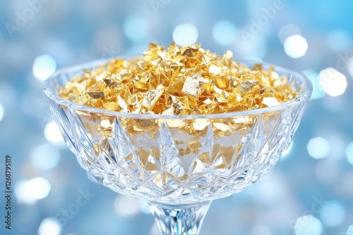 Gold Flakes in Crystal Bowl on Blue Bokeh Background photo