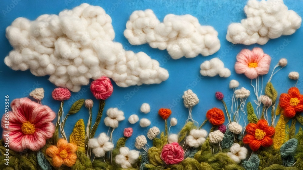 Yarn flowers, clouds, blue background, spring craft Yarn flowers, clouds, blue background, spring craft