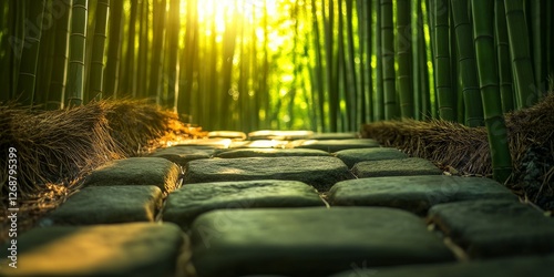 Fototapeta Naklejka Na Ścianę i Meble -  Stone path leading through a tranquil bamboo forest in japan at sunset