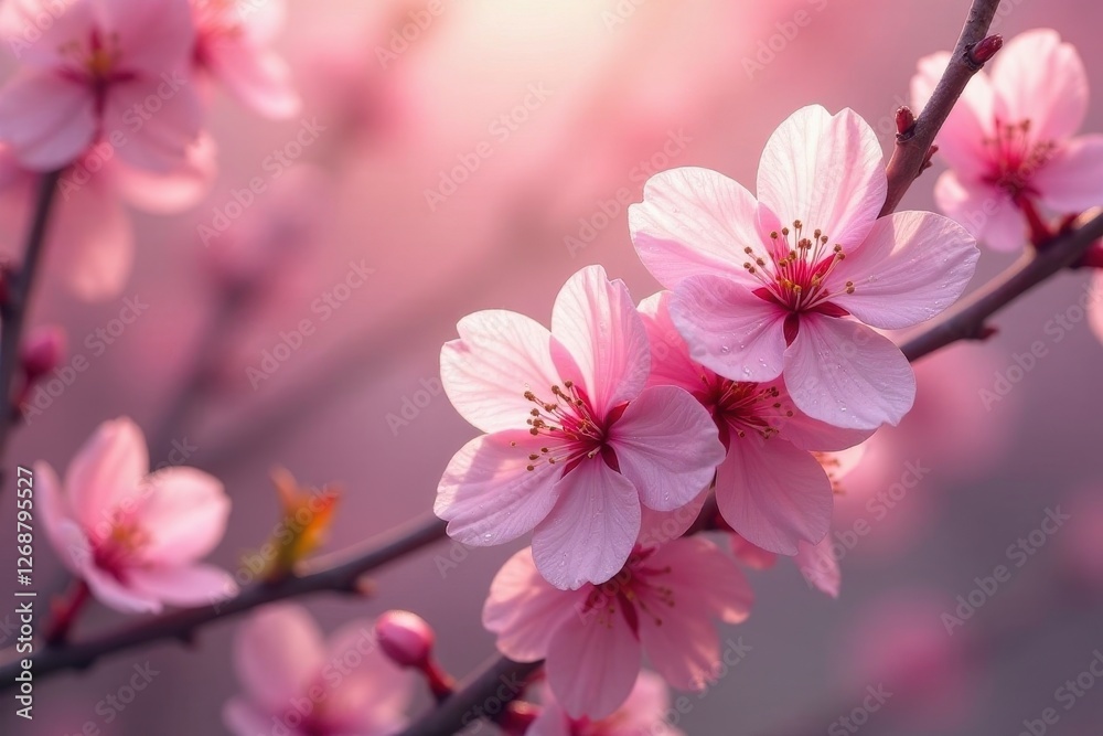 Delicate Pink Blossoms on a Branch, Illuminated by Soft Sunlight, a Stunning Display of Springtime Beauty Delicate Pink Blossoms on a Branch, Illuminated by Soft Sunlight, a Stunning Display of Springtime Beauty