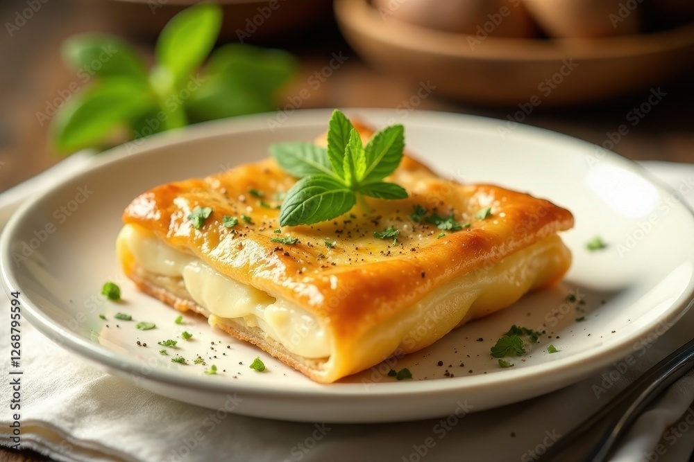 A Golden-Brown Baked Pastry with Creamy Filling, Garnished with Fresh Herbs and a Sprinkle of Pepper on a White Plate A Golden-Brown Baked Pastry with Creamy Filling, Garnished with Fresh Herbs and a Sprinkle of Pepper on a White Plate