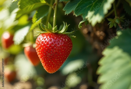 Closeup Strawberry in Field at Sunset Golden Hour Light