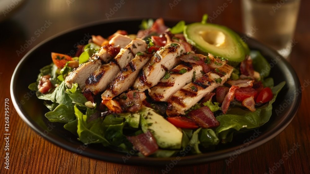 A delicious Cobb salad with mixed greens, grilled chicken, tomatoes, avocado, bacon, and a light vinaigrette dressing, on a wooden table A delicious Cobb salad with mixed greens, grilled chicken, tomatoes, avocado, bacon, and a light vinaigrette dressing, on a wooden table