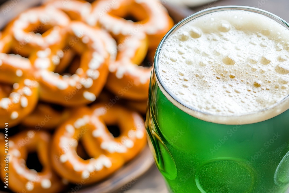 Green Beer with Pretzels on Wooden Surface Green Beer with Pretzels on Wooden Surface