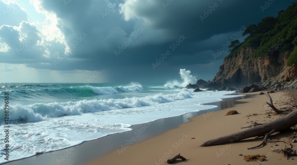 Dramatic Ocean Waves Crashing on Sandy Shore with Rocky Cliffs Under a Stormy Sky Dramatic Ocean Waves Crashing on Sandy Shore with Rocky Cliffs Under a Stormy Sky