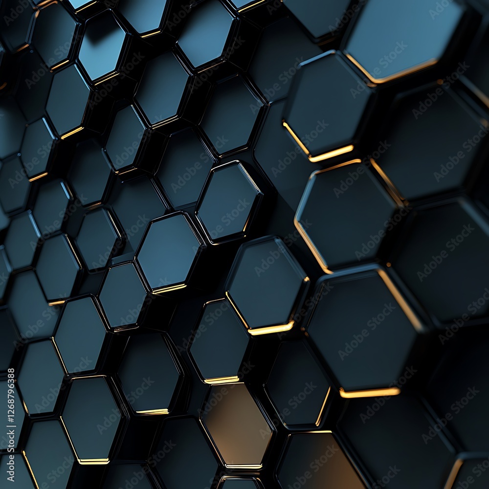 A close-up view of a hexagonal pattern in dark tones, featuring glossy surfaces and subtle highlights A close-up view of a hexagonal pattern in dark tones, featuring glossy surfaces and subtle highlights
