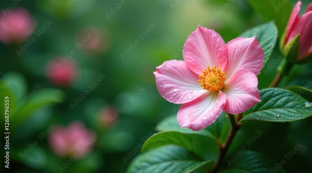 A delicate pink flower with water droplets, nestled amongst lush green foliage, showcasing nature's vibrant beauty A delicate pink flower with water droplets, nestled amongst lush green foliage, showcasing nature's vibrant beauty