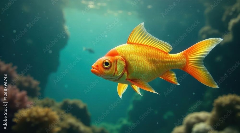 Naklejka premium A vibrant orange fish gracefully swims amidst underwater flora and fauna, showcasing its radiant scales and elegant fins in a tranquil aquatic environment.