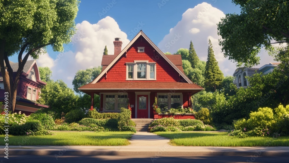 Suburban red house, sunny day, neighborhood, landscaping, home Suburban red house, sunny day, neighborhood, landscaping, home