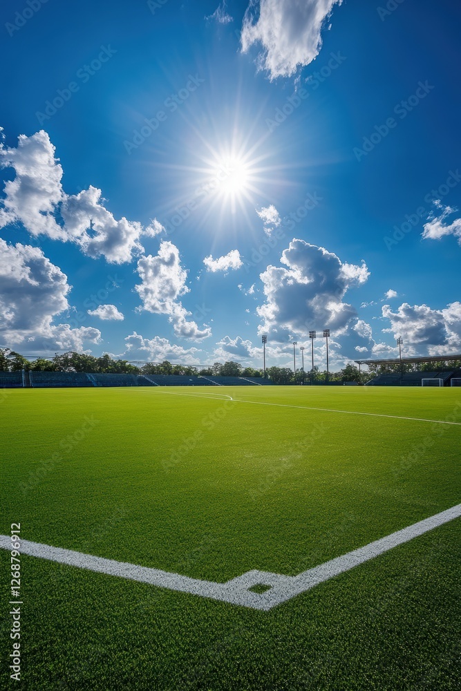 Obraz premium Soccer field under bright sun with fluffy clouds, perfect landscape for sports photography, outdoor activities, and summer recreation in vibrant green grass.