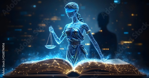 Futuristic Digital Lady Justice Emerging from a Book