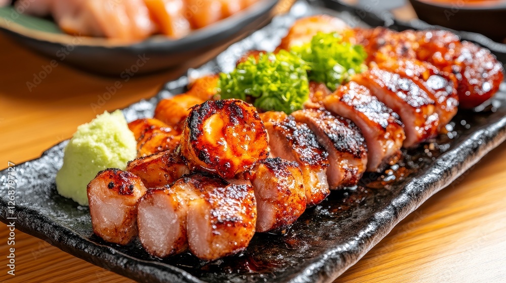 Grilled Meat Slices with Glaze on Black Plate Grilled Meat Slices with Glaze on Black Plate