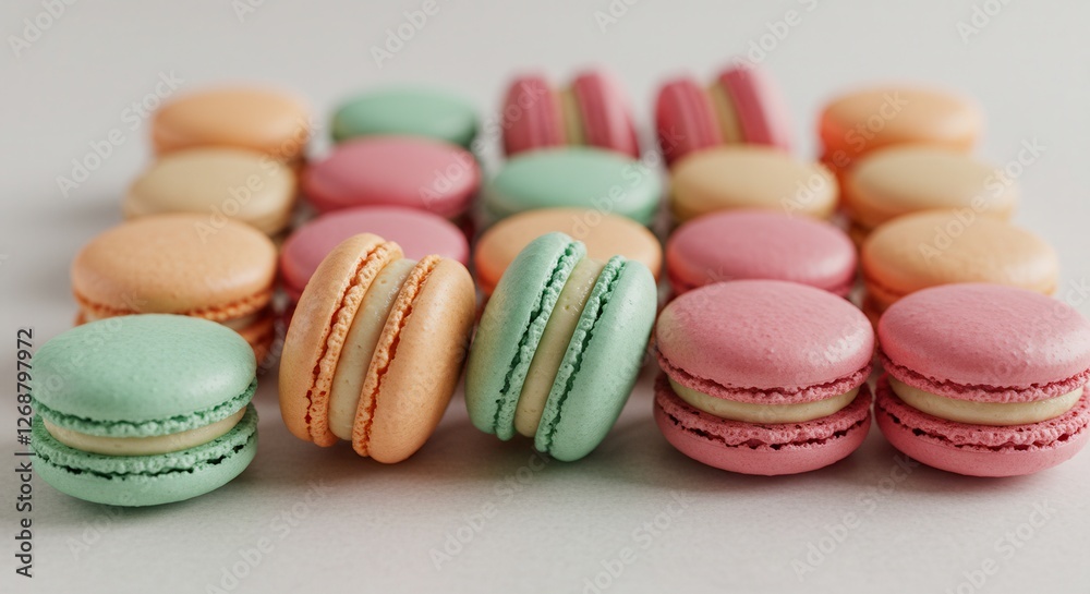 Fototapeta premium Colorful Macarons Assortment Display Sweet Treats on White Background