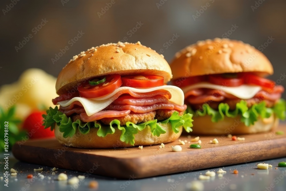Delicious gourmet burgers with melted cheese, crisp lettuce, and juicy tomatoes on a rustic wooden board. Delicious gourmet burgers with melted cheese, crisp lettuce, and juicy tomatoes on a rustic wooden board.