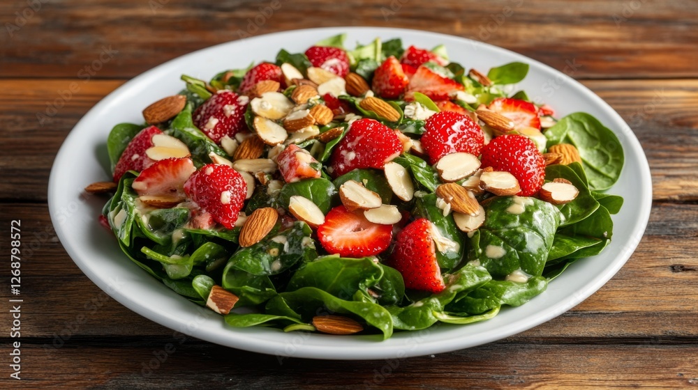 Spinach and strawberry salad with bright red strawberries, spinach, almonds, and a drizzle of honey mustard dressing, served on a simple white plate Spinach and strawberry salad with bright red strawberries, spinach, almonds, and a drizzle of honey mustard dressing, served on a simple white plate