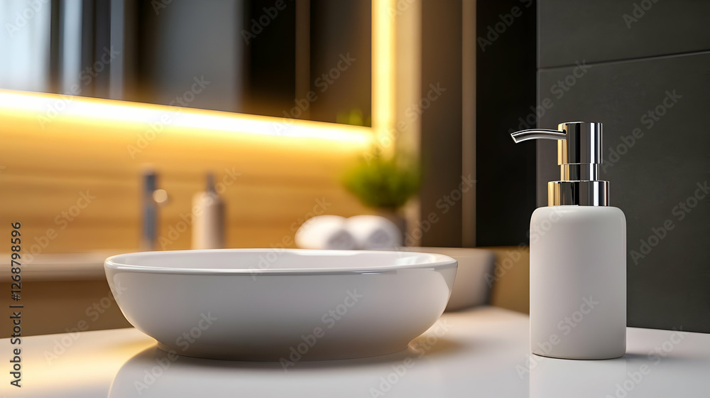 Elegant bathroom setup featuring a minimalist sink and soap dispenser. Elegant bathroom setup featuring a minimalist sink and soap dispenser.