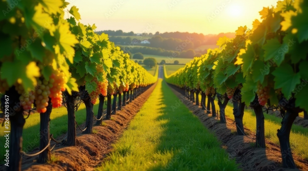 Fototapeta premium Golden Hour Vineyard Rows Sunlit Grapes Hanging Heavy on Vines, Lush Green Grass Between Rows Leading to a Distant Horizon
