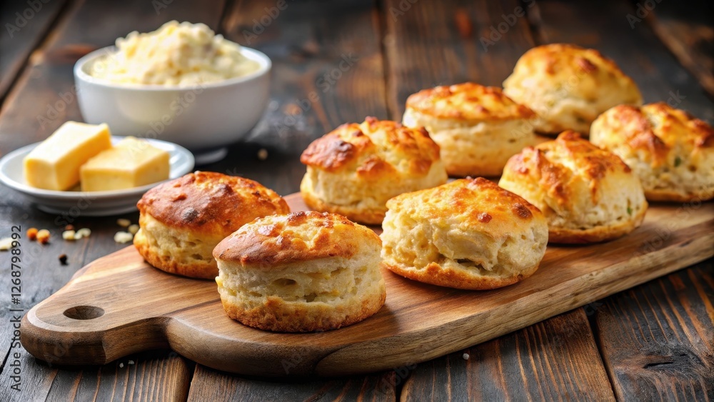 Freshly baked cheese scones on a wooden cutting board, with melted butter and a sprinkle of sea salt , bread, oven, bread, oven Freshly baked cheese scones on a wooden cutting board, with melted butter and a sprinkle of sea salt , bread, oven, bread, oven