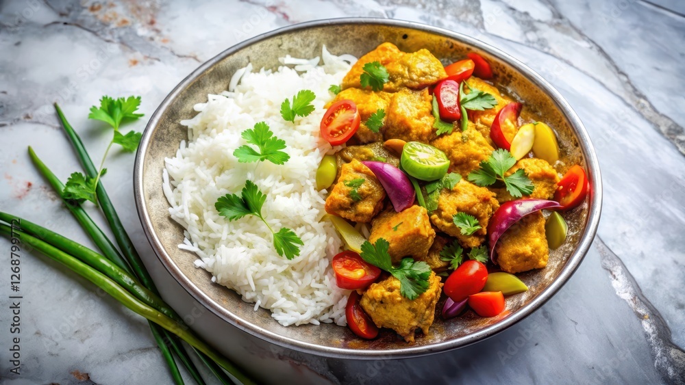 A colorful arrangement of chicken curry, steamed basmati rice, and pickled vegetables, served in a large shallow plate and arranged artfully on a marble table , curry, rice A colorful arrangement of chicken curry, steamed basmati rice, and pickled vegetables, served in a large shallow plate and arranged artfully on a marble table , curry, rice