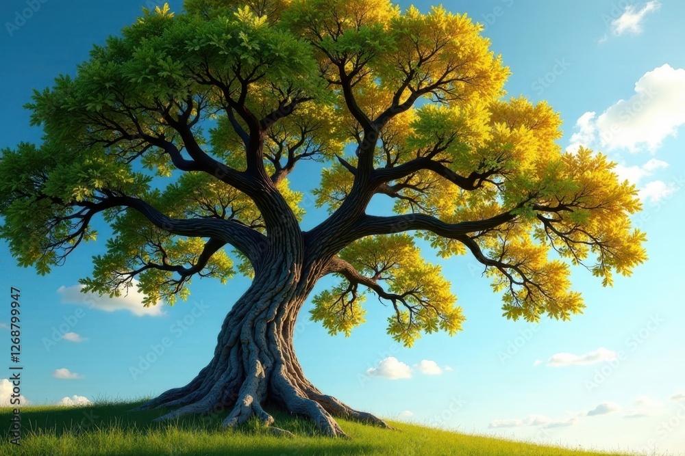 Fototapeta premium Majestic ancient tree on a verdant hill, bathed in sunlight, displaying vibrant foliage