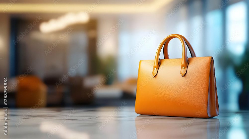 Fototapeta premium Elegant orange handbag placed on a marble surface in a modern environment.