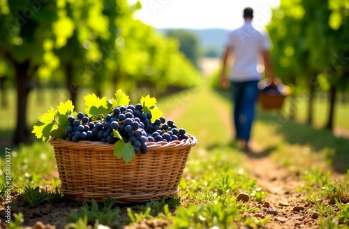 Close-up of a wicker basket full of grapes against the background of a harvester on a sunny day.  photo