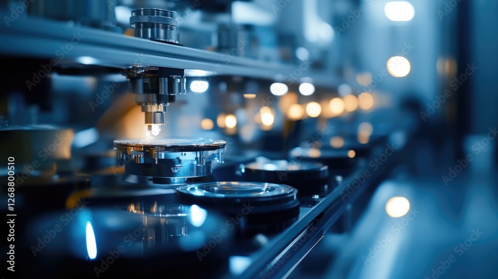 High-tech precision manufacturing process in a modern factory setting. High-tech precision manufacturing process in a modern factory setting.