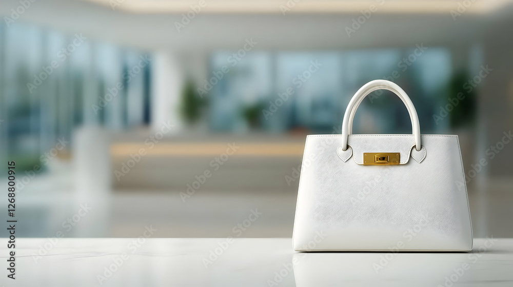 Fototapeta premium Elegant white handbag placed on a minimalist table in a modern setting.