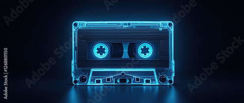 Blue neon music audio cassette tape.