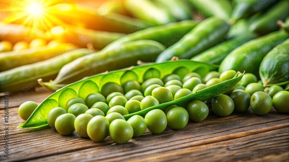 Fresh Green Peas and Cucumbers on Rustic Wooden Surface Fresh Green Peas and Cucumbers on Rustic Wooden Surface