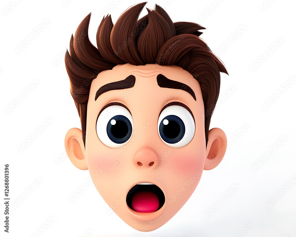 Surprised Cartoon Boy with Wide Eyes and Spiky Brown Hair