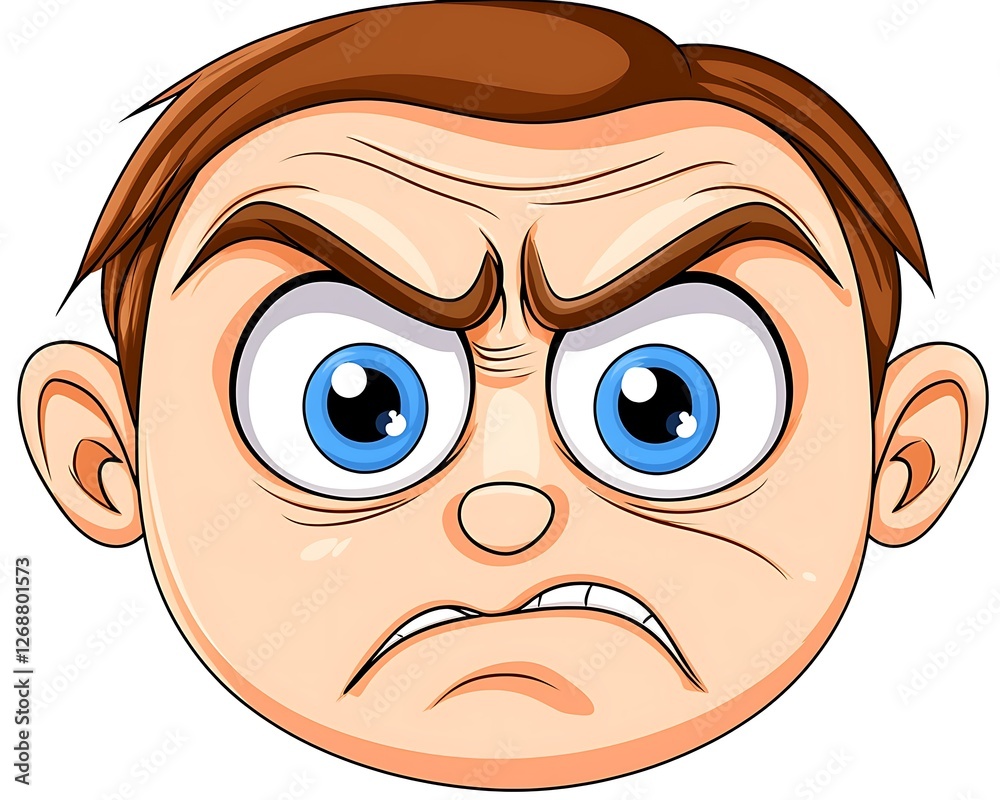 Cartoon Face with Angry Expression and Big Blue Eyes Cartoon Face with Angry Expression and Big Blue Eyes