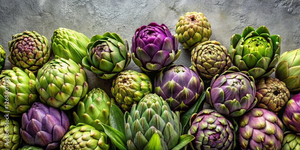 Fototapeta premium Colorful Artichokes Displayed on Grey Surface Background
