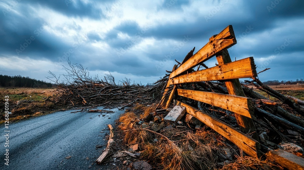 Accident Damaged Barrier Concept, Winding Rural Path Blocked by Mangled Wooden Barrier Under Dramatic Sky Accident Damaged Barrier Concept, Winding Rural Path Blocked by Mangled Wooden Barrier Under Dramatic Sky