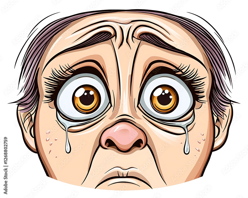 Sad and Distressed Face with Large Eyes and Tears Streaming Down