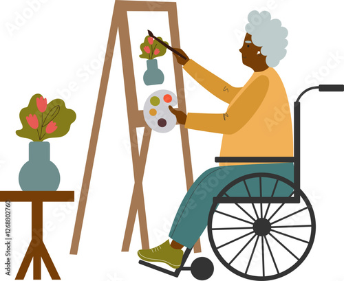 png character senior person artist  with disability in wheelchair drawing on canvas. Senior female painter in wheel chair painting at easel. Flat vector illustration isolated on transparent background