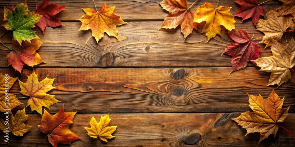 Obraz premium Warm amber hues of autumn leaves scattered on a textured wooden background, earthy tones