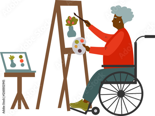 png character senior person artist with disability in wheelchair drawing on canvas. elderly female painter in wheel chair painting at easel. Flat vector illustration isolated on transparent background