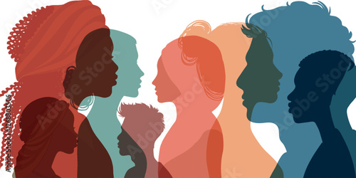 Silhouette profile group of men and women of diverse culture. Diversity equality inclusion. DEIB. Multicultural. Crowd of people
