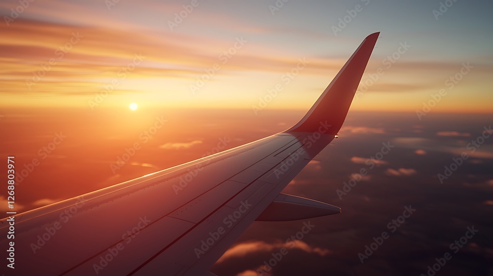 Fototapeta premium A serene view from an airplane wing at sunset, showcasing vibrant colors in the sky and clouds below.