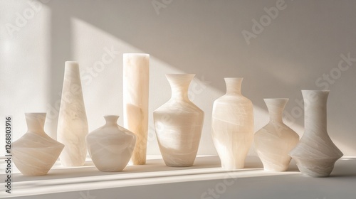 A collection of translucent alabaster vases with varying shapes and heights arranged in a row, illuminated by soft natural window light casting diagonal shadows. Generative AI