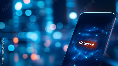 Mobile phone displaying 'No Signal' on a blurred city background with blue lights.